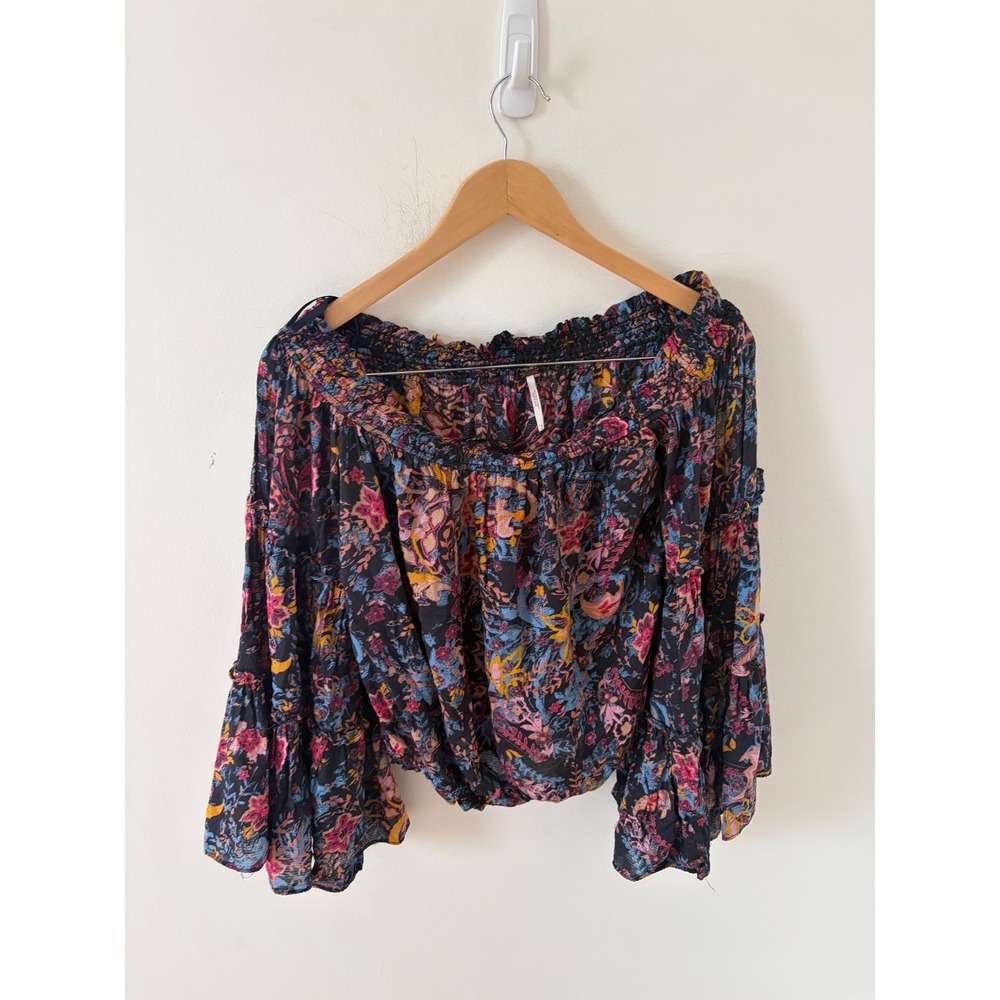 Free People Floral Off The Shoulder Bell Sleeve Smocked Blouse Black Multi S